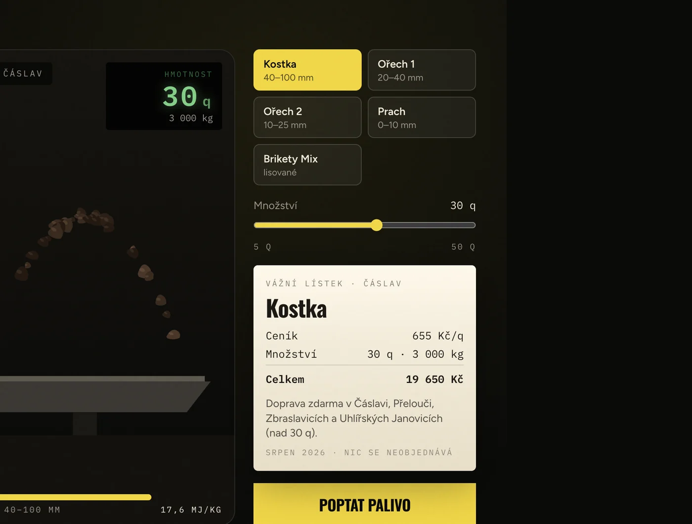 Interactive weighbridge from the Uhelné sklady Kolín concept — fuel pile, LED quintal counter and weighing ticket