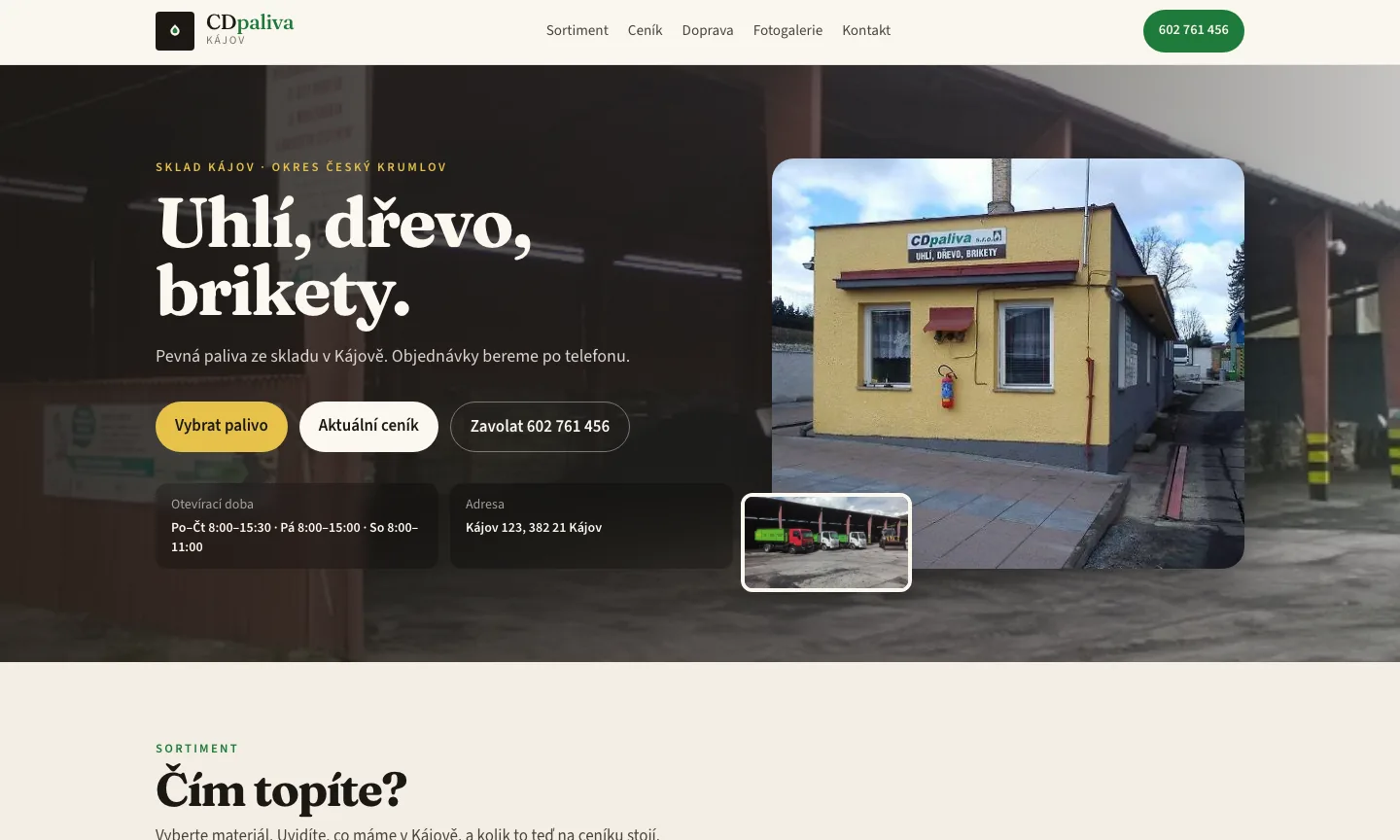 CD Paliva website in development — Uhlí, dřevo, brikety with the yard office in Kájov