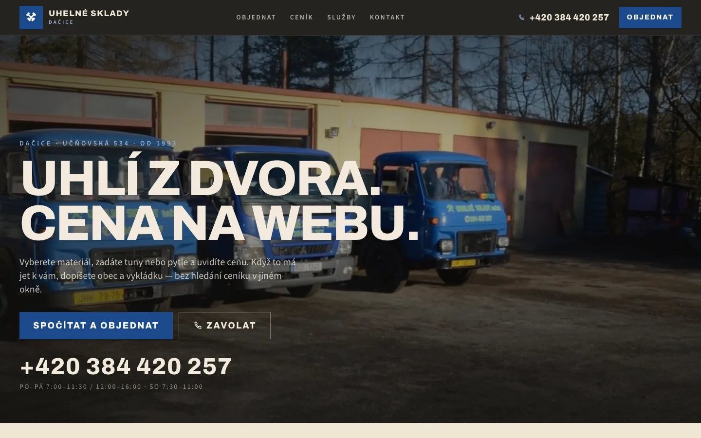 Uhelné sklady Dačice concept — blue yard trucks and the headline Uhlí z dvora. Cena na webu.